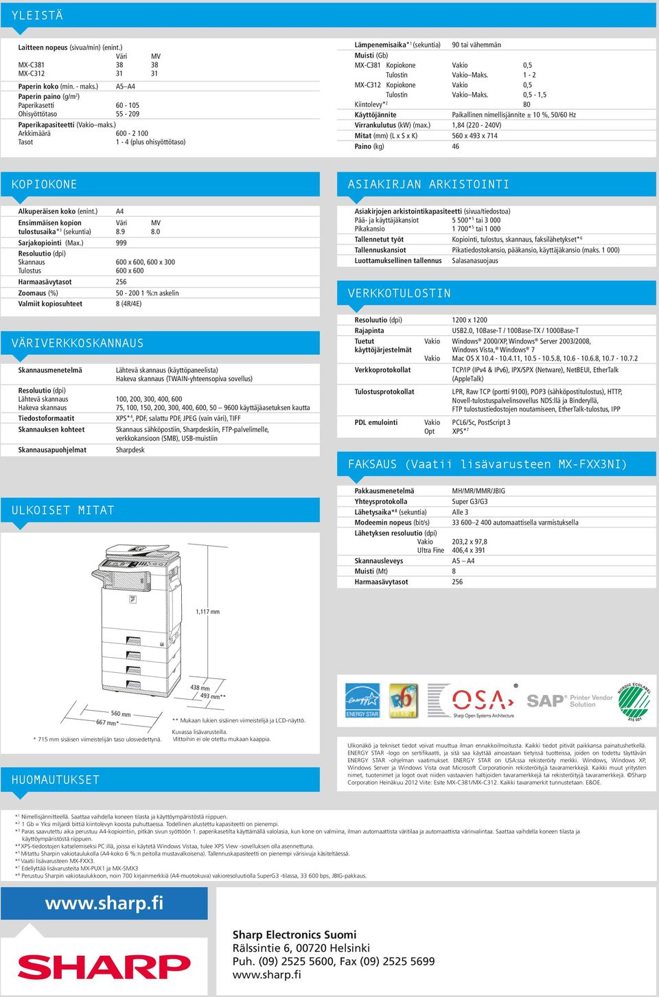 ) Arkkimäärä 600-2 100 Tasot 1-4 (plus ohisyöttötaso) Lämpenemisaika* 1 (sekuntia) 90 tai vähemmän Muisti (Gb) MX-C381 Kopiokone Vakio 0,5 Tulostin Vakio Maks.