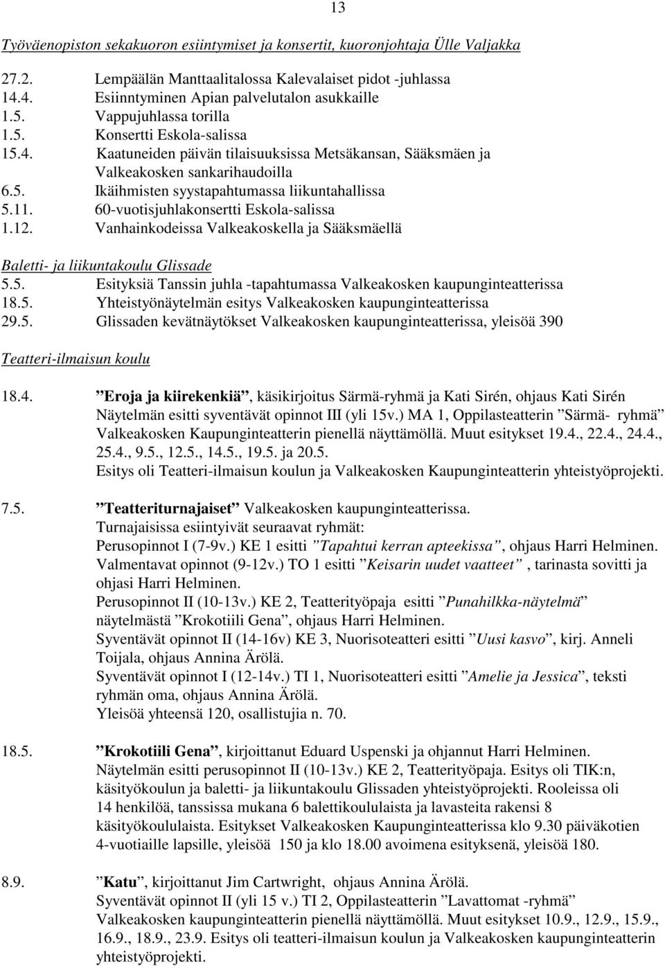 11. 60-vuotisjuhlakonsertti Eskola-salissa 1.12. Vanhainkodeissa Valkeakoskella ja Sääksmäellä Baletti- ja liikuntakoulu Glissade 5.