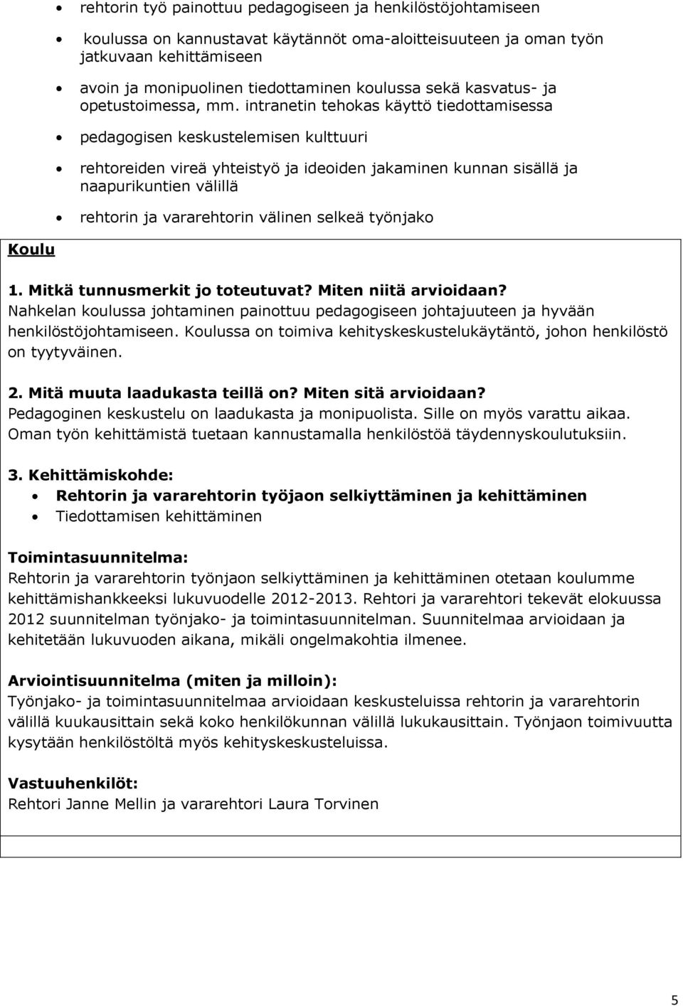 intranetin tehokas käyttö tiedottamisessa pedagogisen keskustelemisen kulttuuri rehtoreiden vireä yhteistyö ja ideoiden jakaminen kunnan sisällä ja naapurikuntien välillä rehtorin ja vararehtorin