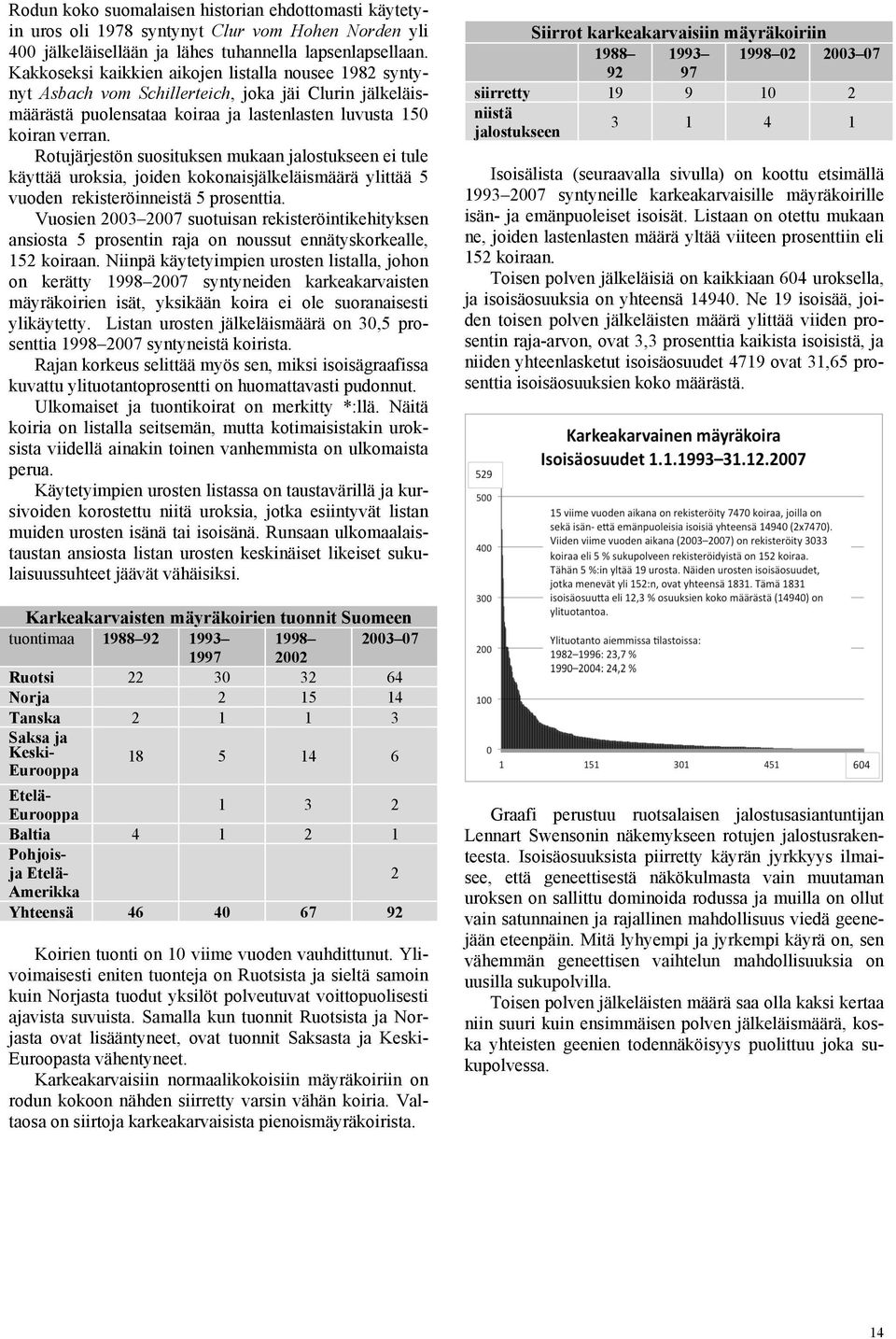 Rotujärjestön suosituksen mukaan jalostukseen ei tule käyttää uroksia, joiden kokonaisjälkeläismäärä ylittää 5 vuoden rekisteröinneistä 5 prosenttia.