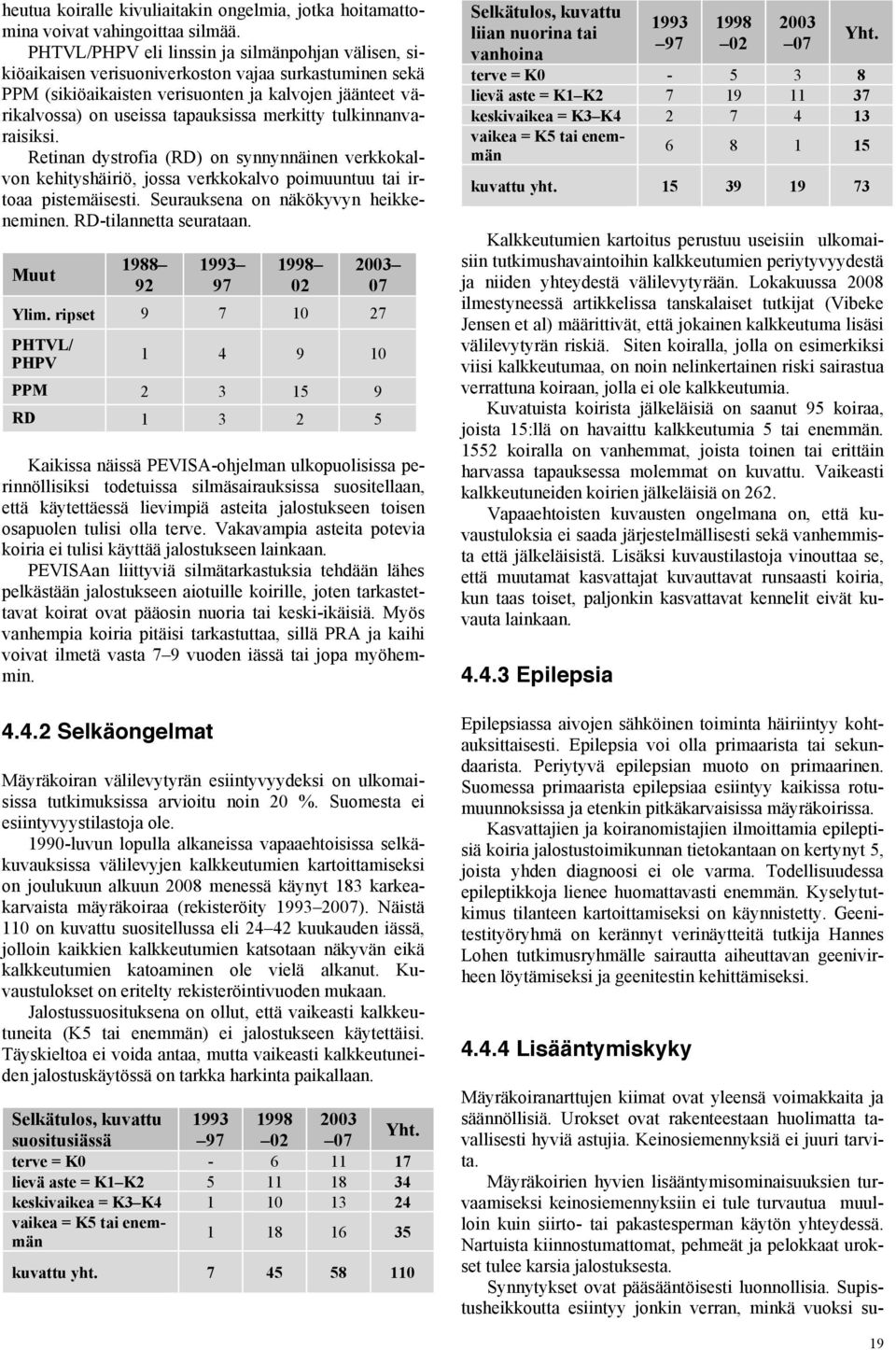 merkitty tulkinnanvaraisiksi. Retinan dystrofia (RD) on synnynnäinen verkkokalvon kehityshäiriö, jossa verkkokalvo poimuuntuu tai irtoaa pistemäisesti. Seurauksena on näkökyvyn heikkeneminen.