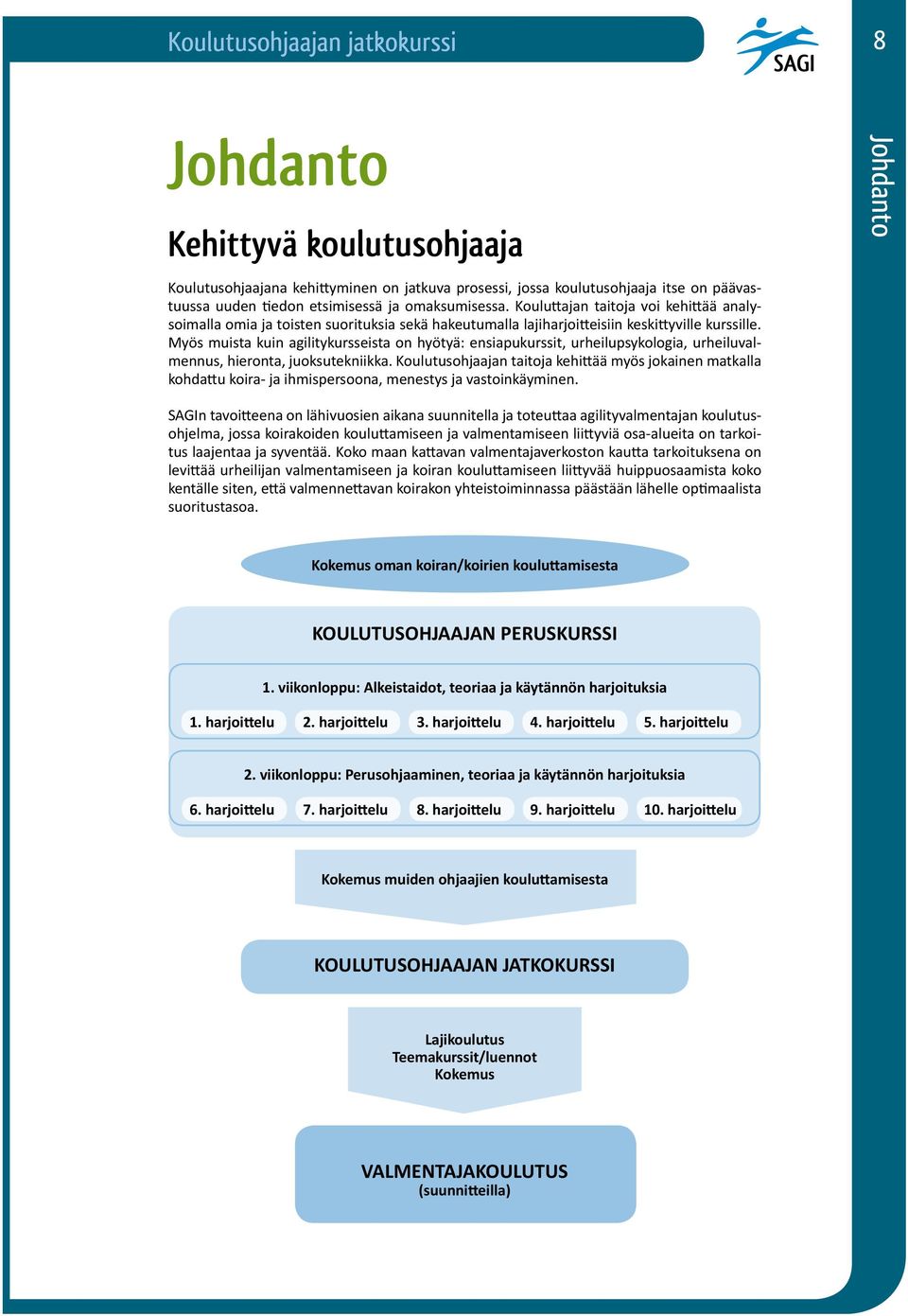 Myös muista kuin agilitykursseista on hyötyä: ensiapukurssit, urheilupsykologia, urheiluvalmennus, hieronta, juoksutekniikka.