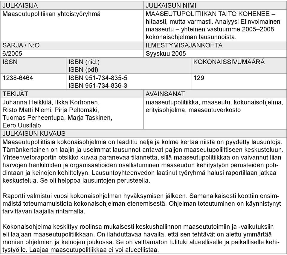 ) KOKONAISSIVUMÄÄRÄ ISBN (pdf) 1238-6464 ISBN 951-734-835-5 129 ISBN 951-734-836-3 TEKIJÄT AVAINSANAT Johanna Heikkilä, Ilkka Korhonen, Risto Matti Niemi, Pirja Peltomäki, maaseutupolitiikka,