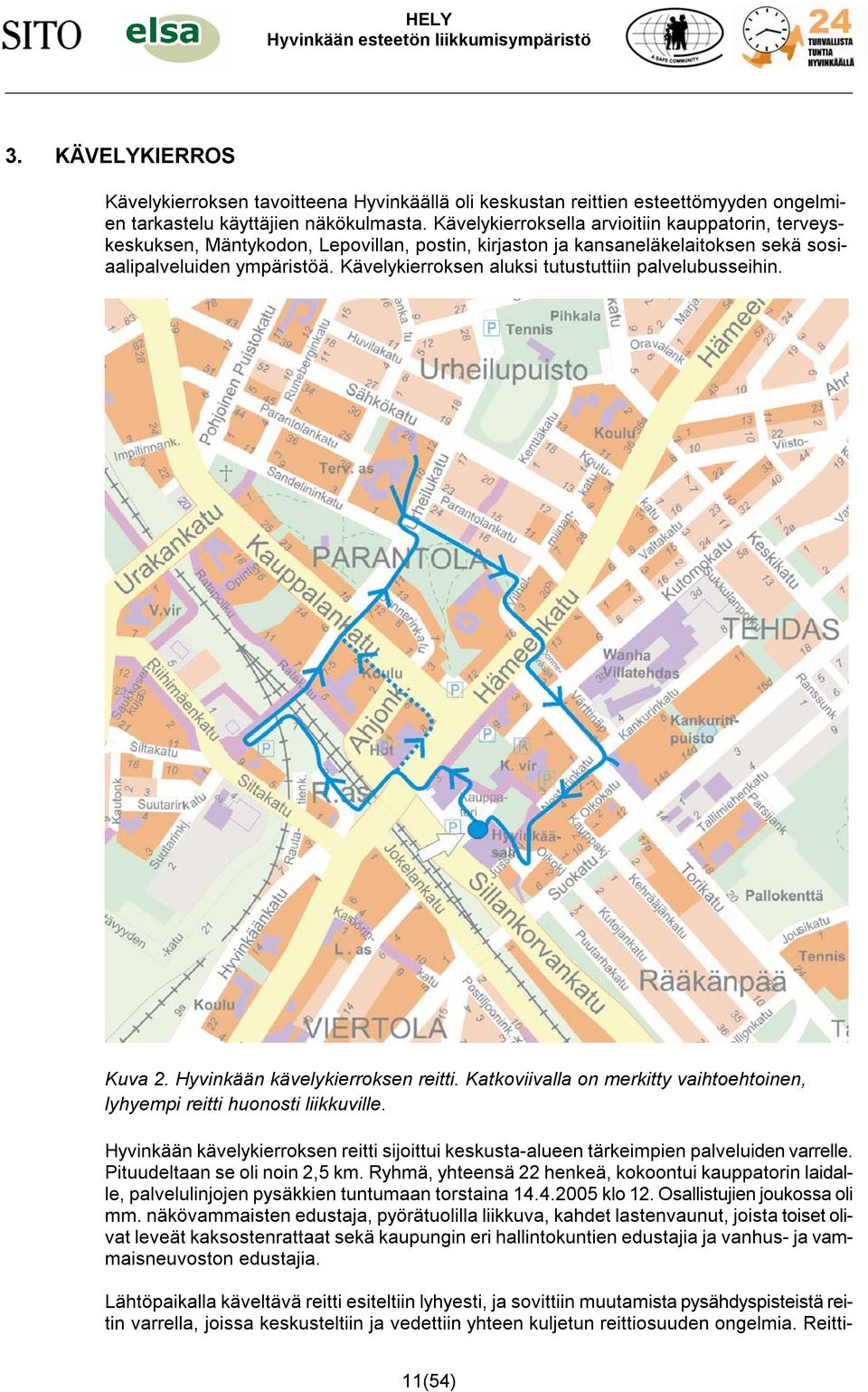 Kävelyierrosen alusi tutustuttiin palvelubusseihin. Kuva. Hyvinään ävelyierrosen reitti. Koviivalla on meritty vaihtoehtoinen, lyhyempi reitti huonosti liiuville.