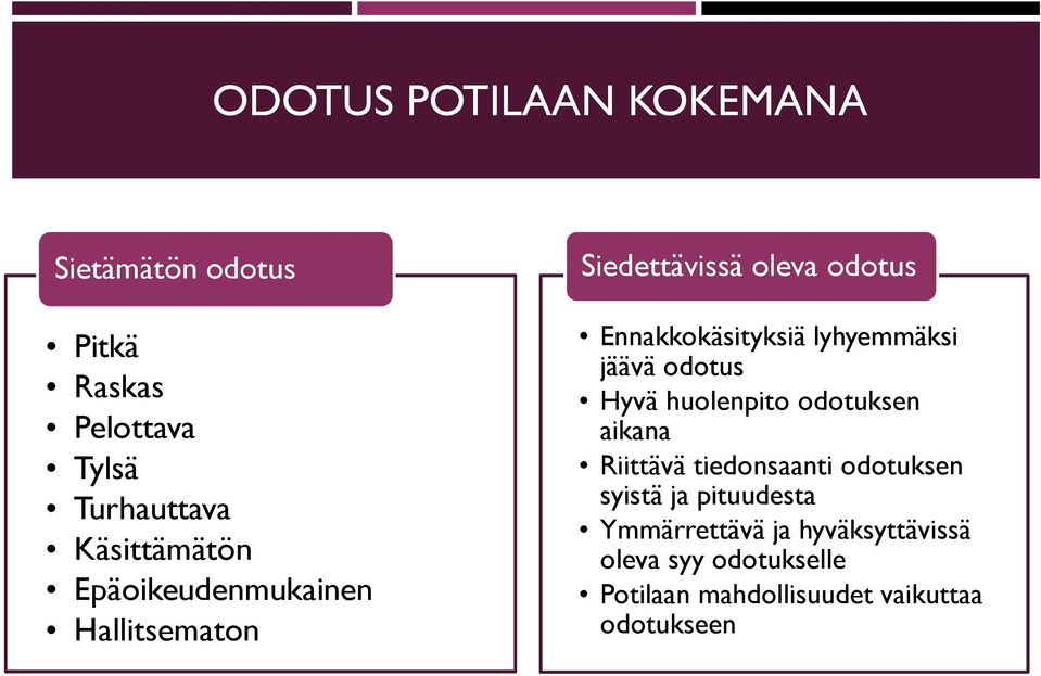 jäävä odotus Hyvä huolenpito odotuksen aikana Riittävä tiedonsaanti odotuksen syistä ja