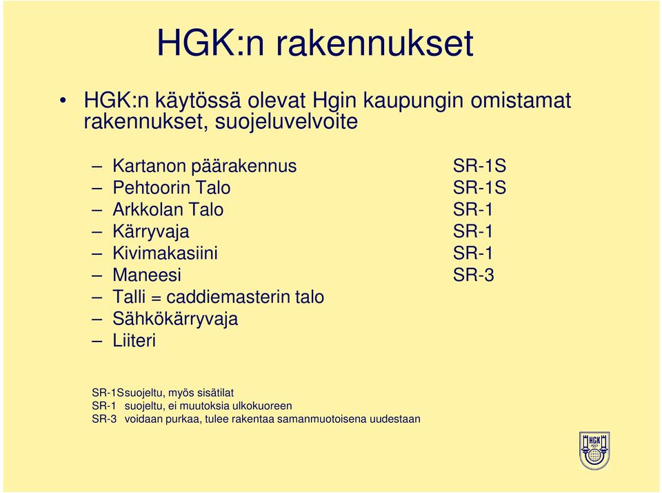 SR-1 Maneesi SR-3 Talli = caddiemasterin talo Sähkökärryvaja Liiteri SR-1Ssuojeltu, myös