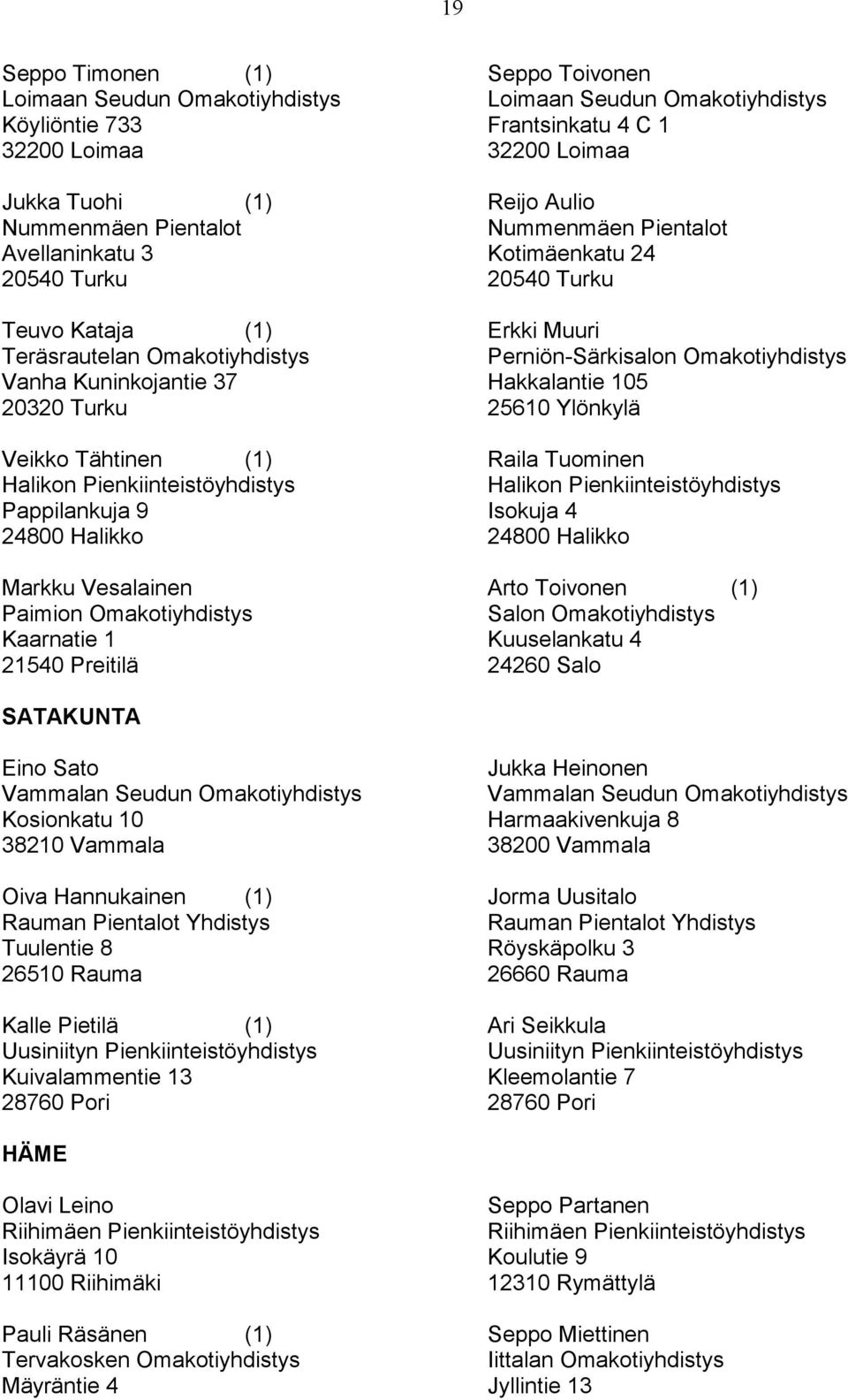 Kuninkojantie 37 Hakkalantie 105 20320 Turku 25610 Ylönkylä Veikko Tähtinen (1) Raila Tuominen Halikon Pienkiinteistöyhdistys Halikon Pienkiinteistöyhdistys Pappilankuja 9 Isokuja 4 24800 Halikko