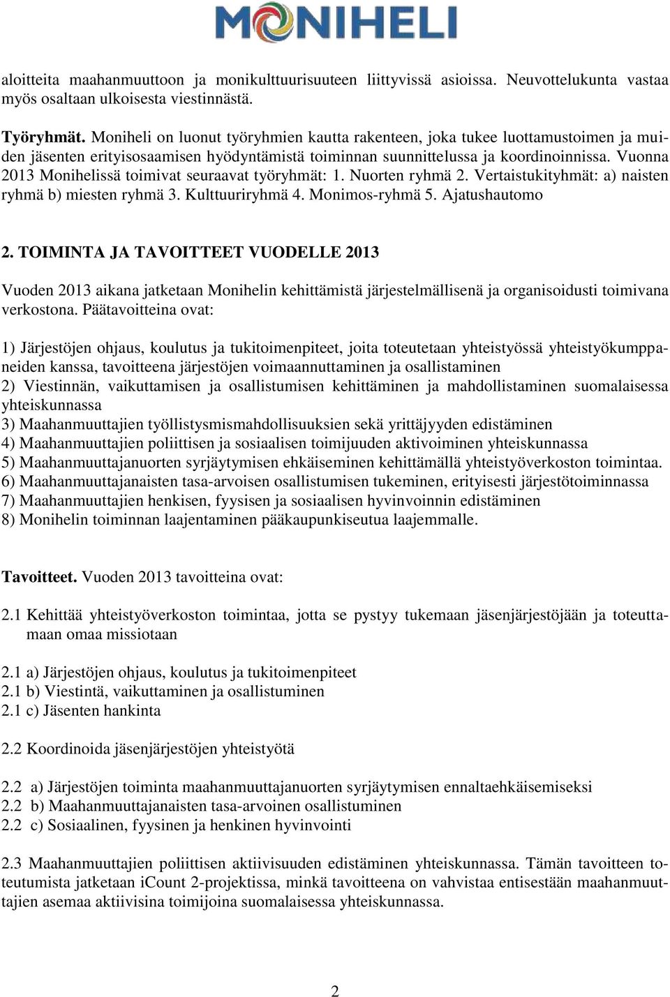 Vuonna 2013 Monihelissä toimivat seuraavat työryhmät: 1. Nuorten ryhmä 2. Vertaistukityhmät: a) naisten ryhmä b) miesten ryhmä 3. Kulttuuriryhmä 4. Monimos-ryhmä 5. Ajatushautomo 2.