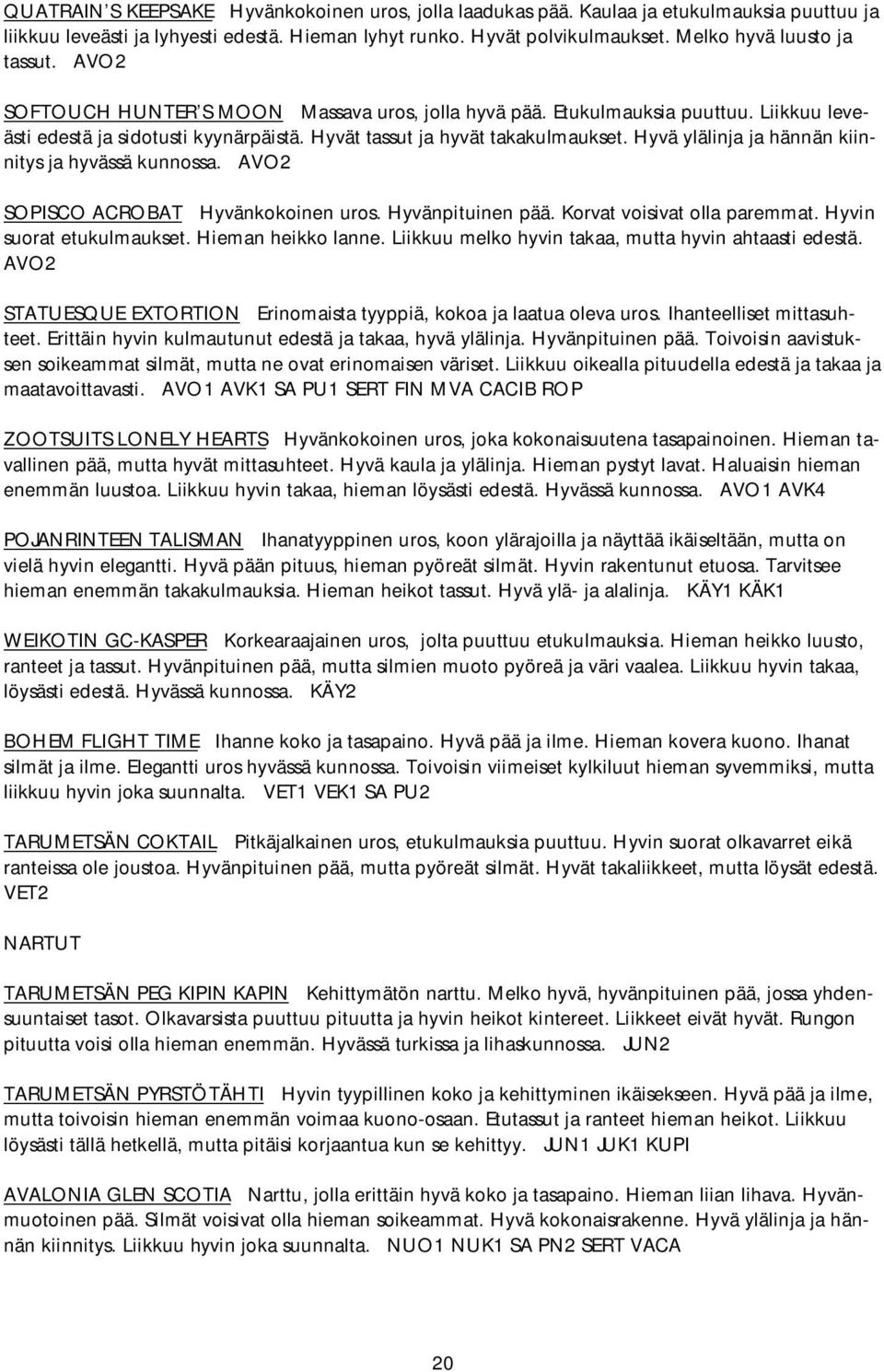 Hyvä ylälinja ja hännän kiinnitys ja hyvässä kunnossa. AVO2 SOPISCO ACROBAT Hyvänkokoinen uros. Hyvänpituinen pää. Korvat voisivat olla paremmat. Hyvin suorat etukulmaukset. Hieman heikko lanne.