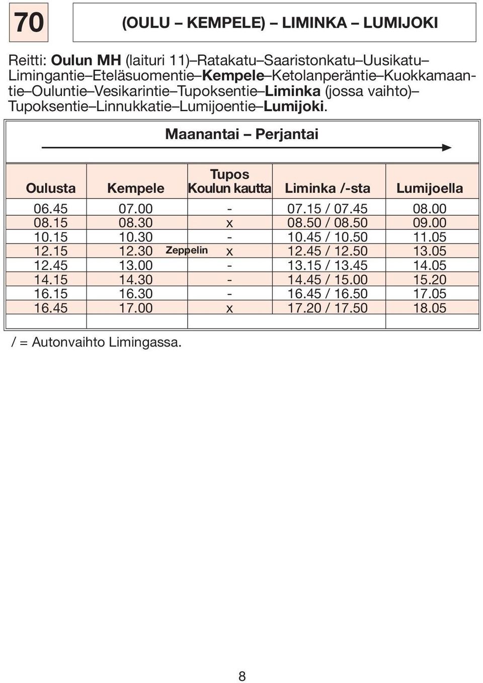Maanantai Perjantai Tupos Oulusta Kempele Koulun kautta Liminka /-sta Lumijoella 06.45 07.00-07.15 / 07.45 08.00 08.15 08.30 x 08.50 / 08.50 09.00 10.15 10.30-10.