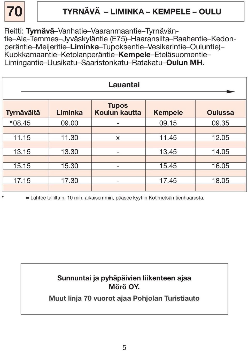Lauantai Tupos Tyrnävältä Liminka Koulun kautta Kempele Oulussa *08.45 09.00-09.15 09.35 11.15 11.30 x 11.45 12.05 13.15 13.30-13.45 14.05 15.15 15.30-15.45 16.05 17.