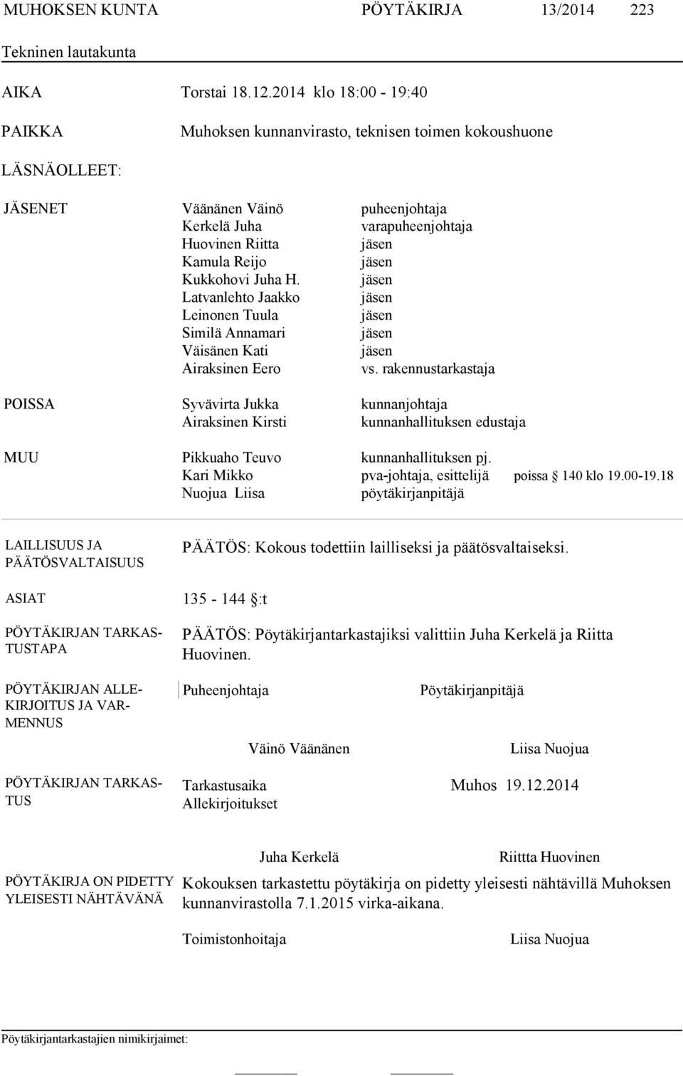 jäsen Kukkohovi Juha H. jäsen Latvanlehto Jaakko jäsen Leinonen Tuula jäsen Similä Annamari jäsen Väisänen Kati jäsen Airaksinen Eero vs.