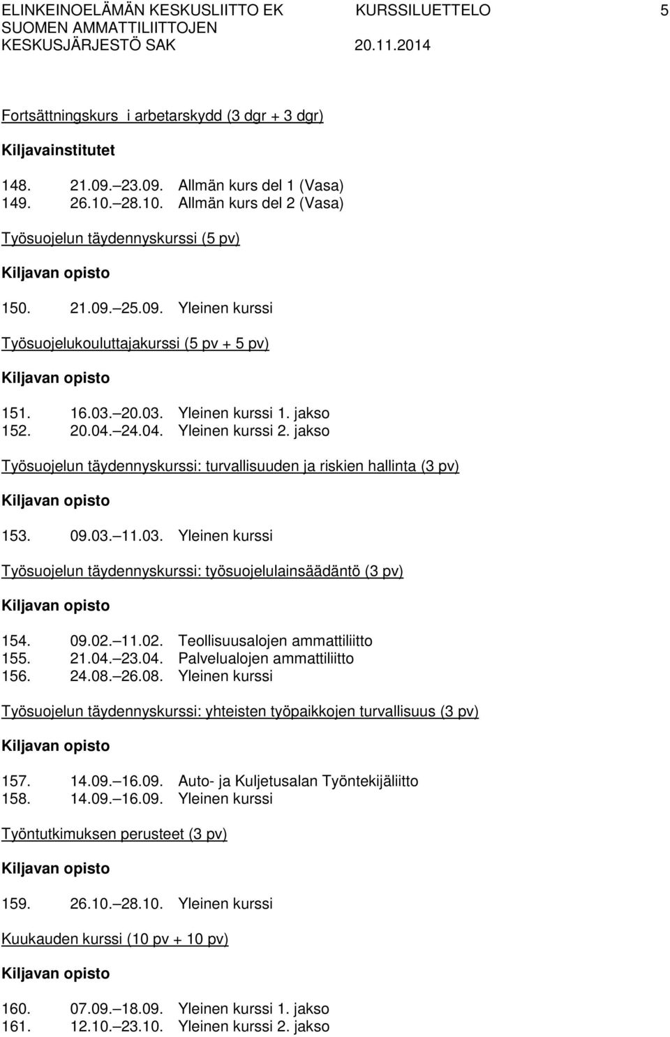 04. Yleinen kurssi 2. jakso Työsuojelun täydennyskurssi: turvallisuuden ja riskien hallinta (3 pv) 153. 09.03. 11.03. Yleinen kurssi Työsuojelun täydennyskurssi: työsuojelulainsäädäntö (3 pv) 154. 09.02.