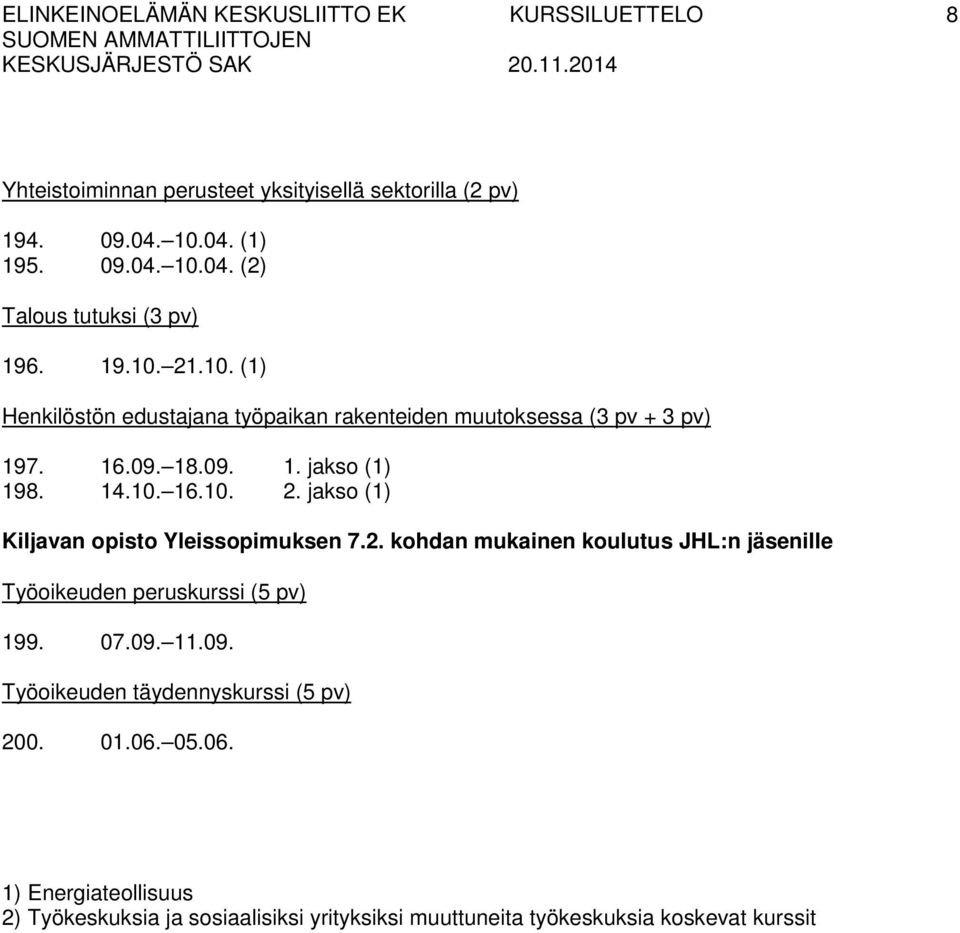 2. kohdan mukainen koulutus JHL:n jäsenille Työoikeuden peruskurssi (5 pv) 199. 07.09. 11.09. Työoikeuden täydennyskurssi (5 pv) 200. 01.06.