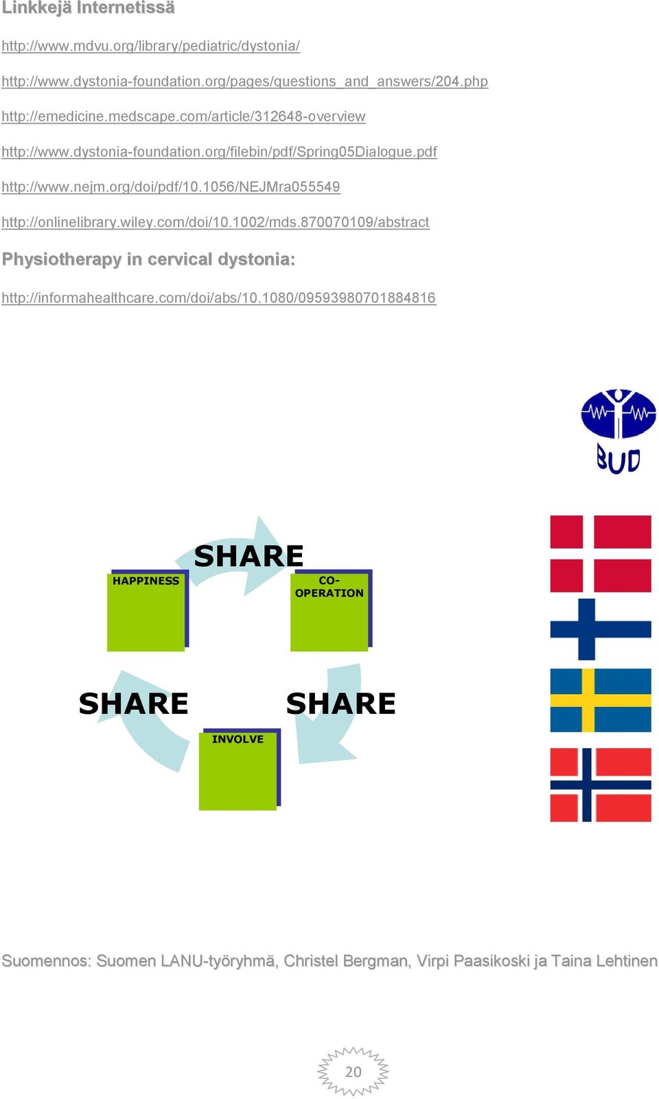 1056/nejmra055549 http://onlinelibrary.wiley.com/doi/10.1002/mds.870070109/abstract Physiotherapy in cervical dystonia: http://informahealthcare.com/doi/abs/10.