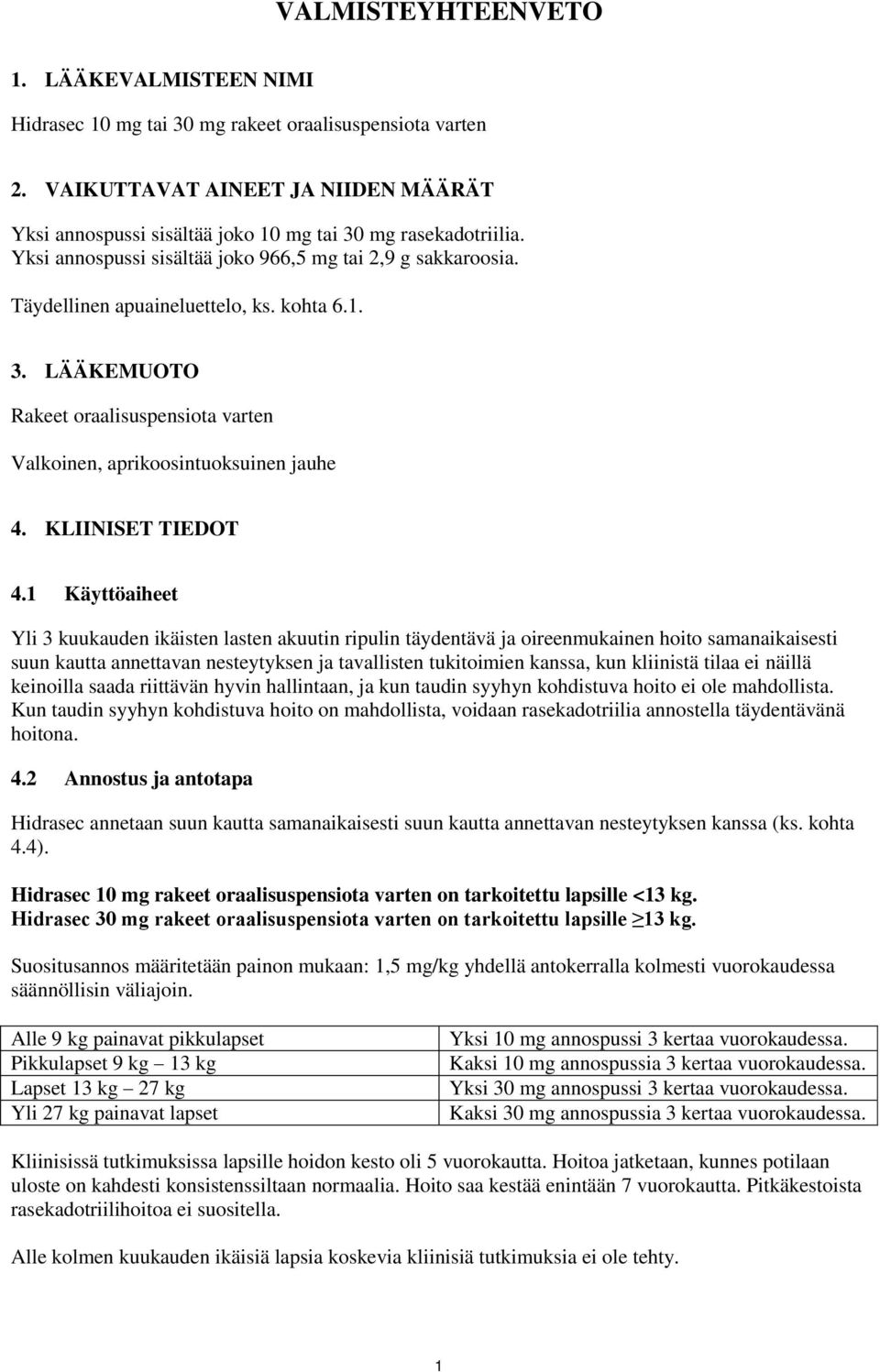 kohta 6.1. 3. LÄÄKEMUOTO Rakeet oraalisuspensiota varten Valkoinen, aprikoosintuoksuinen jauhe 4. KLIINISET TIEDOT 4.