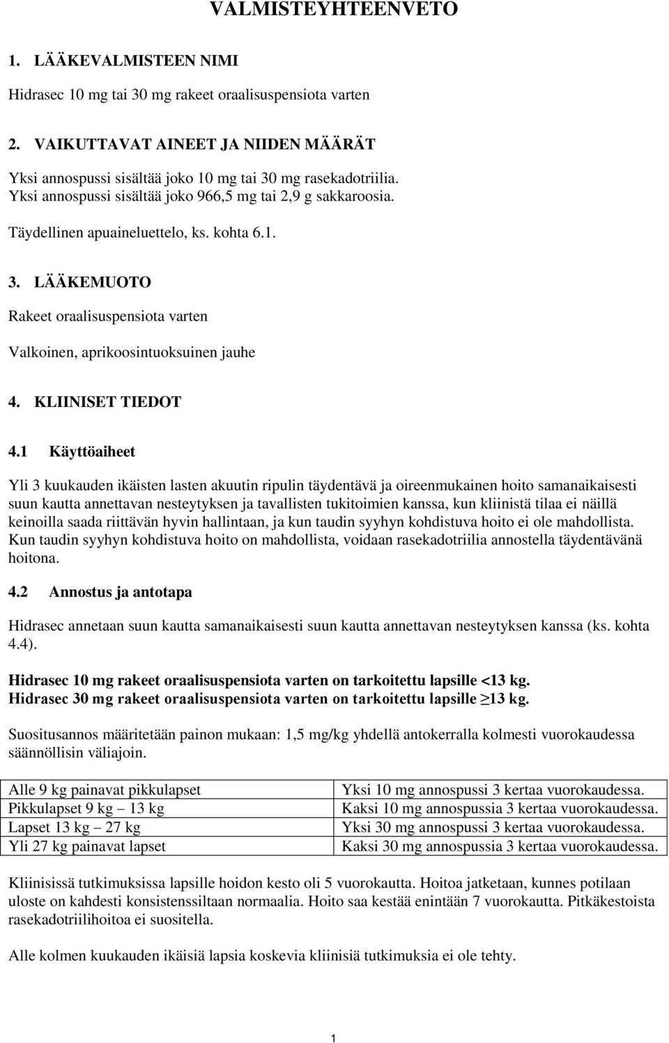 kohta 6.1. 3. LÄÄKEMUOTO Rakeet oraalisuspensiota varten Valkoinen, aprikoosintuoksuinen jauhe 4. KLIINISET TIEDOT 4.