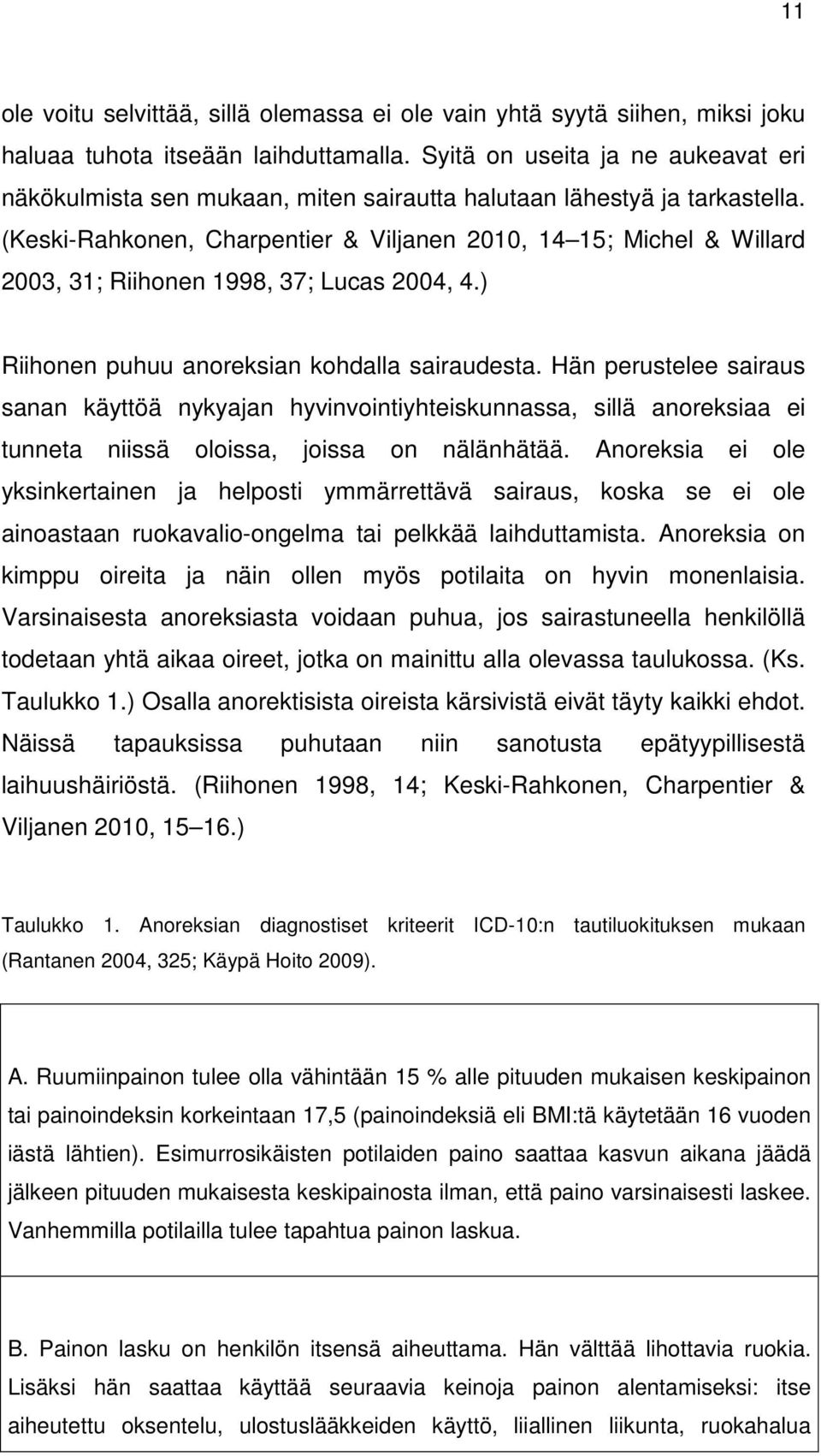 (Keski-Rahkonen, Charpentier & Viljanen 2010, 14 15; Michel & Willard 2003, 31; Riihonen 1998, 37; Lucas 2004, 4.) Riihonen puhuu anoreksian kohdalla sairaudesta.