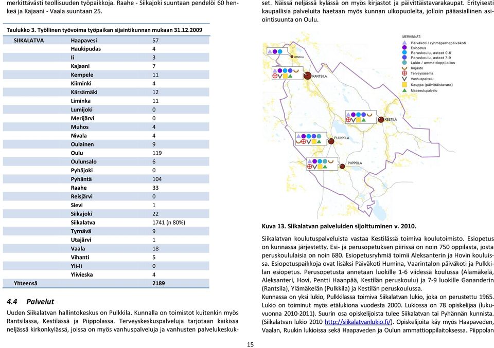 Reisjärvi Sievi 1 Siikajoki 22 Siikalatva 1741 (n 8%) Tyrnävä 9 Utajärvi 1 Vaala 18 Vihanti 5 Yli-Ii Ylivieska 4 Yhteensä 2189 4.4 Palvelut Uuden Siikalatvan hallintokeskus on Pulkkila.