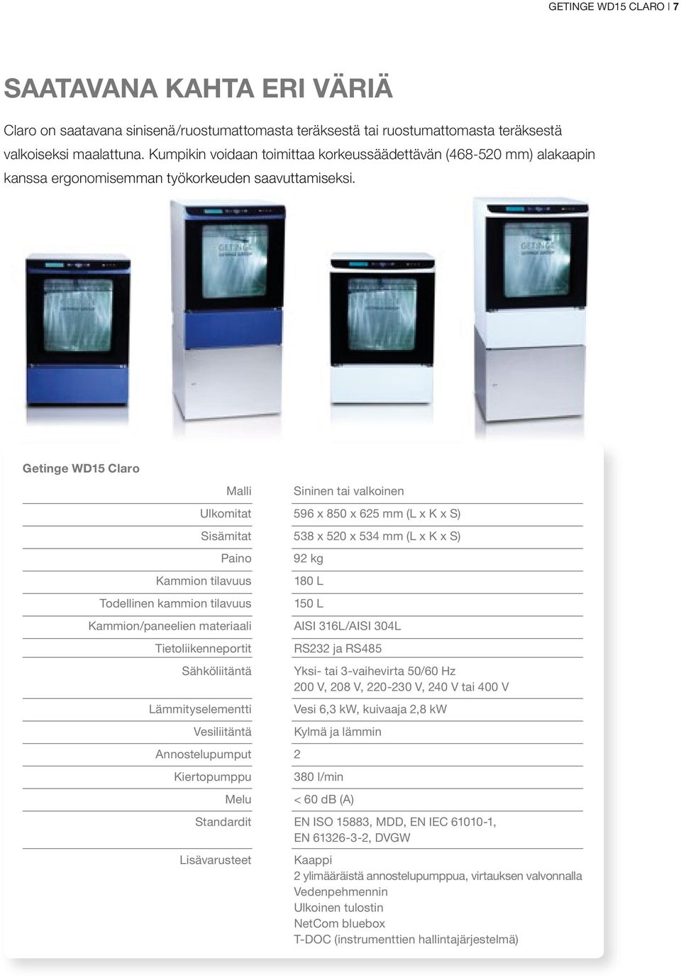 Getinge WD15 Claro Malli Sininen tai valkoinen Ulkomitat 596 x 850 x 625 mm (L x K x S) Sisämitat 538 x 520 x 534 mm (L x K x S) Paino Kammion tilavuus Todellinen kammion tilavuus Kammion/paneelien