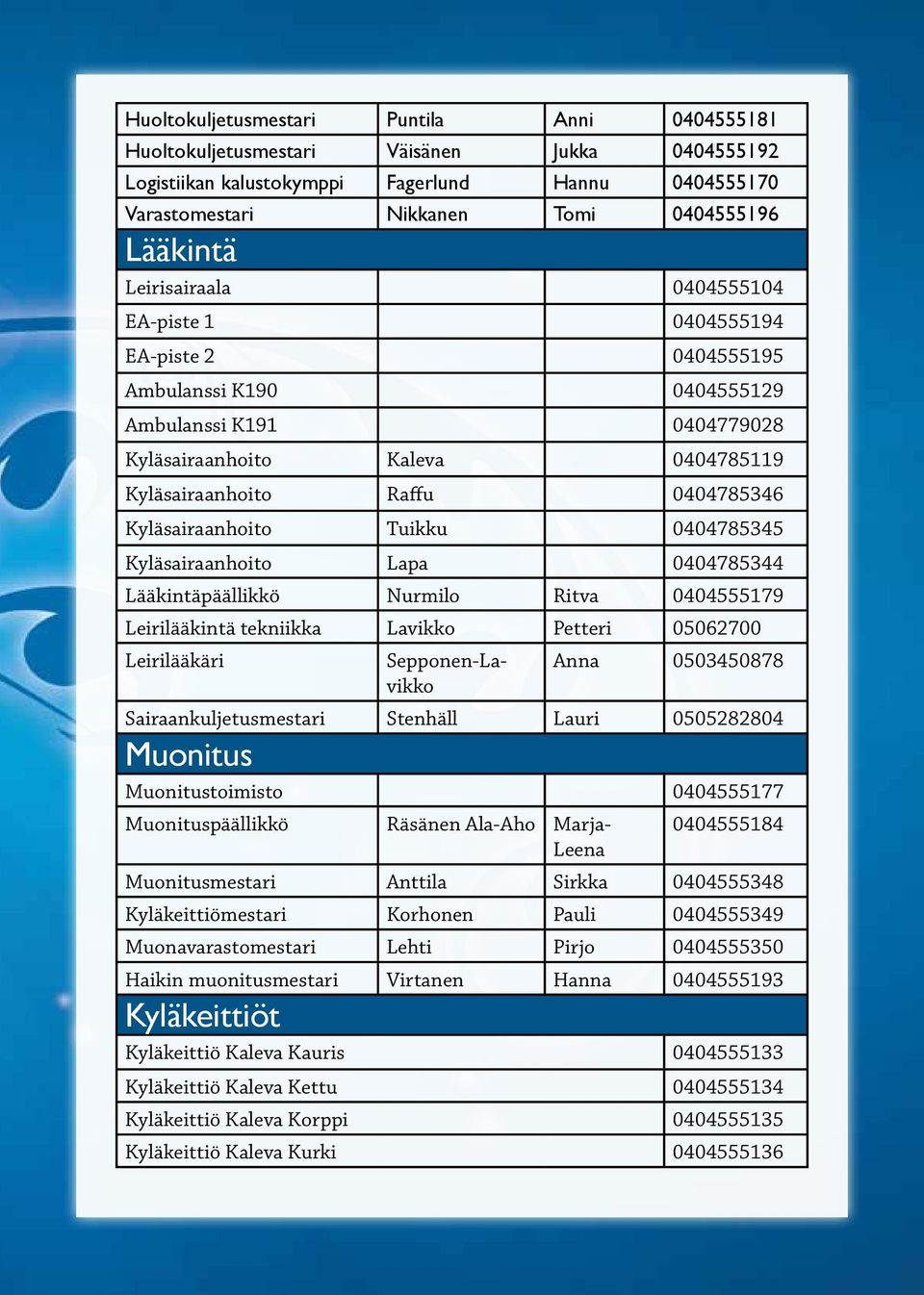 Kyläsairaanhoito Tuikku 0404785345 Kyläsairaanhoito Lapa 0404785344 Lääkintäpäällikkö Nurmilo Ritva 0404555179 Leirilääkintä tekniikka Lavikko Petteri 05062700 Leirilääkäri Sepponen-Lavikko Anna