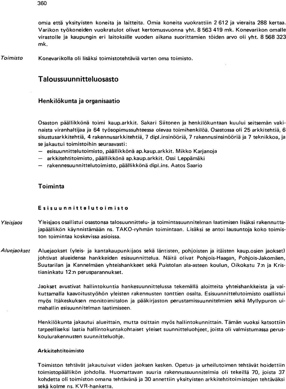 Taloussuunnitteluosasto Osaston päällikkönä toimi kaup.arkkit. Sakari Siitonen ja henkilökuntaan kuului seitsemän vakinaista viranhaltijaa ja 64 työsopimussuhteessa olevaa toimihenkilöä.