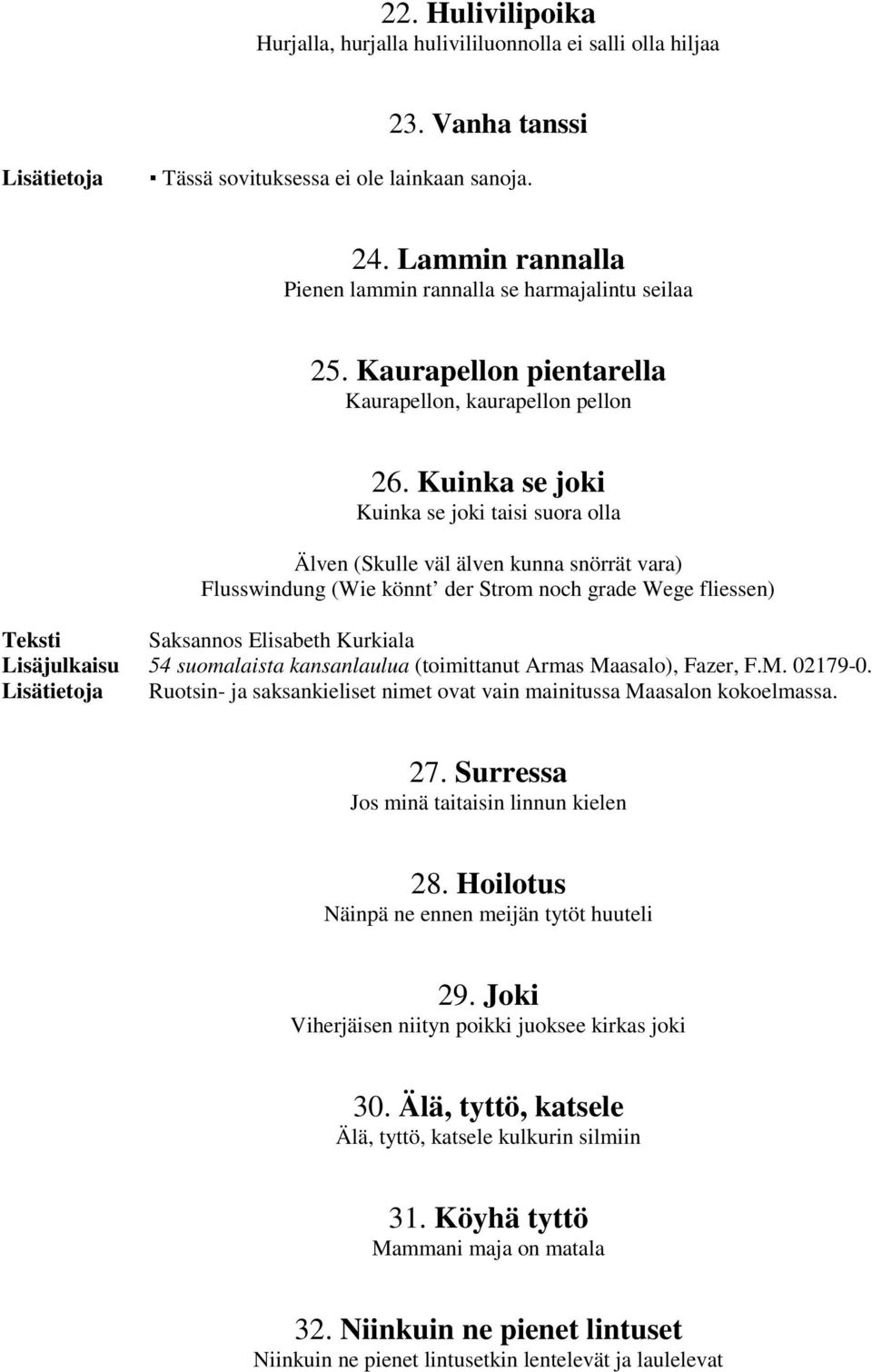 Kuinka se joki Kuinka se joki taisi suora olla Älven (Skulle väl älven kunna snörrät vara) Flusswindung (Wie könnt der Strom noch grade Wege fliessen) Teksti Saksannos Elisabeth Kurkiala Lisäjulkaisu