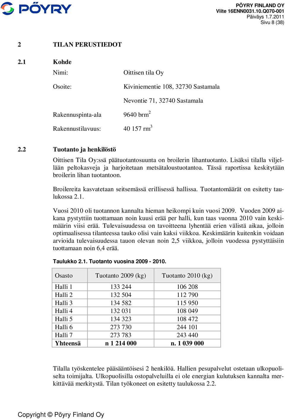 Tässä raportissa keskitytään broilerin lihan tuotantoon. Broilereita kasvatetaan seitsemässä erillisessä hallissa. Tuotantomäärät on esitetty taulukossa 2.1.