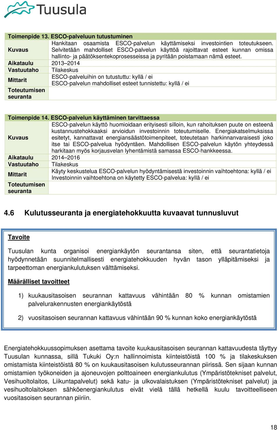 Aikataulu 2013 2014 Vastuutaho Tilakeskus Mittarit ESCO-palveluihin on tutustuttu: kyllä / ei ESCO-palvelun mahdolliset esteet tunnistettu: kyllä / ei Toimenpide 14.