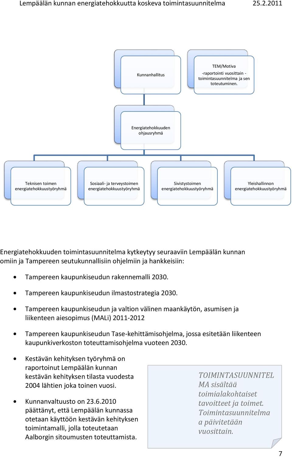 energiatehokkuustyöryhmä Energiatehokkuuden toimintasuunnitelma kytkeytyy seuraaviin Lempäälän kunnan omiin ja Tampereen seutukunnallisiin ohjelmiin ja hankkeisiin: Tampereen kaupunkiseudun