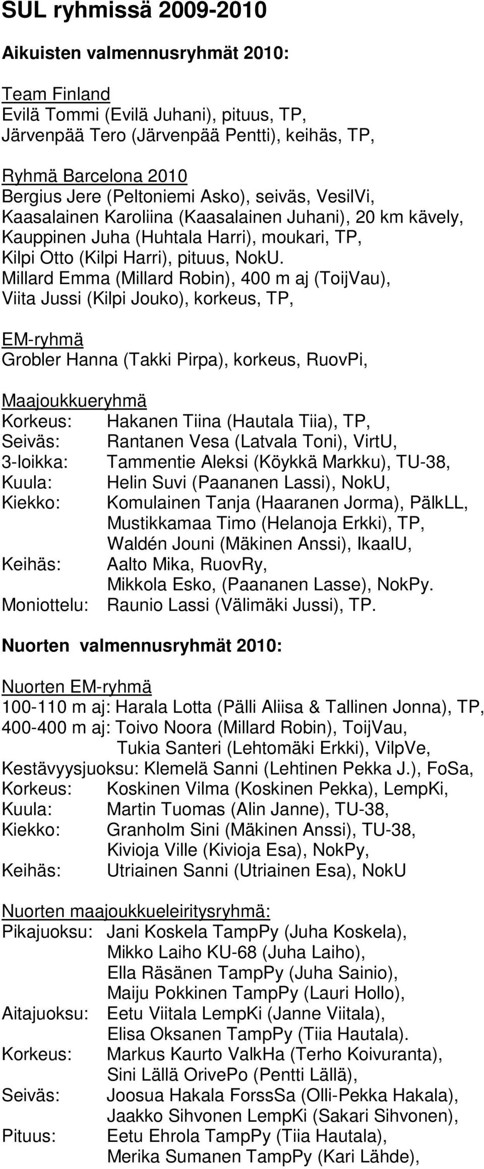 Millard Emma (Millard Robin), 400 m aj (ToijVau), Viita Jussi (Kilpi Jouko), korkeus, TP, EM-ryhmä Grobler Hanna (Takki Pirpa), korkeus, RuovPi, Maajoukkueryhmä Korkeus: Hakanen Tiina (Hautala Tiia),