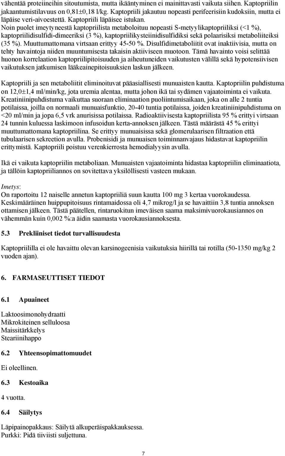 Noin puolet imeytyneestä kaptopriilista metaboloituu nopeasti S-metyylikaptopriiliksi (<1 %), kaptopriilidisulfidi-dimeeriksi (3 %), kaptopriilikysteiinidisulfidiksi sekä polaarisiksi metaboliiteiksi