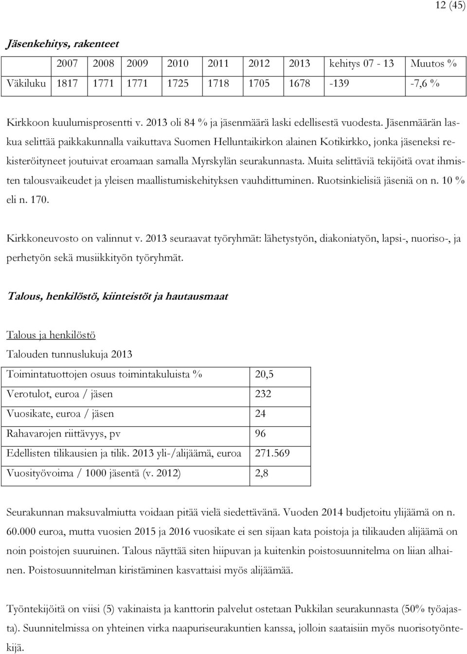 Jäsenmäärän laskua selittää paikkakunnalla vaikuttava Suomen Helluntaikirkon alainen Kotikirkko, jonka jäseneksi rekisteröityneet joutuivat eroamaan samalla Myrskylän seurakunnasta.