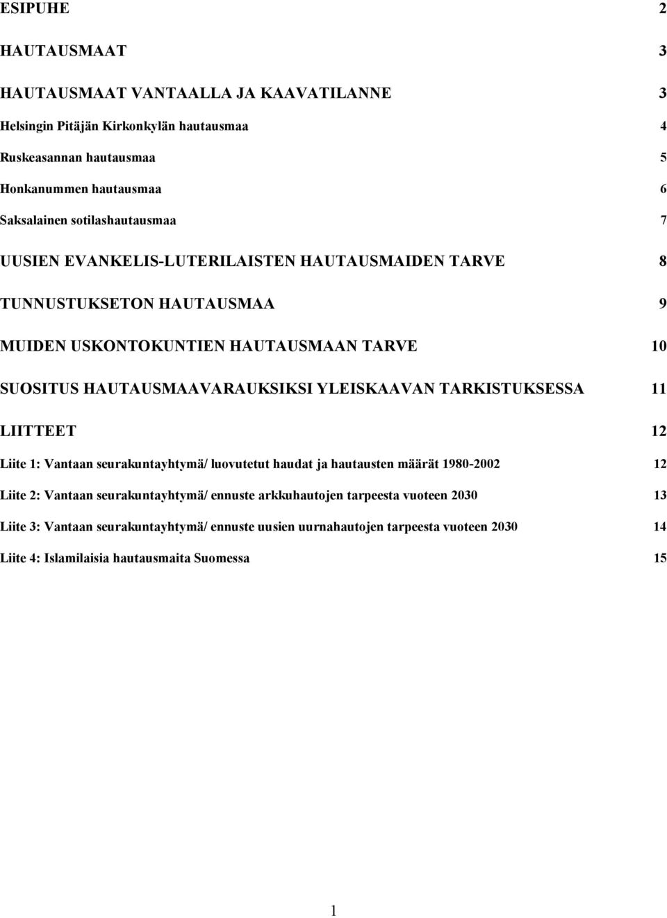 HAUTAUSMAAVARAUKSIKSI YLEISKAAVAN TARKISTUKSESSA 11 LIITTEET 12 Liite 1: Vantaan seurakuntayhtymä/ luovutetut haudat ja hautausten määrät 1980-2002 12 Liite 2: Vantaan