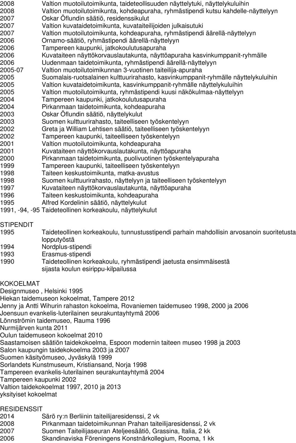 äärellä-näyttelyyn 2006 Tampereen kaupunki, jatkokoulutusapuraha 2006 Kuvataiteen näyttökorvauslautakunta, näyttöapuraha kasvinkumppanit-ryhmälle 2006 Uudenmaan taidetoimikunta, ryhmästipendi