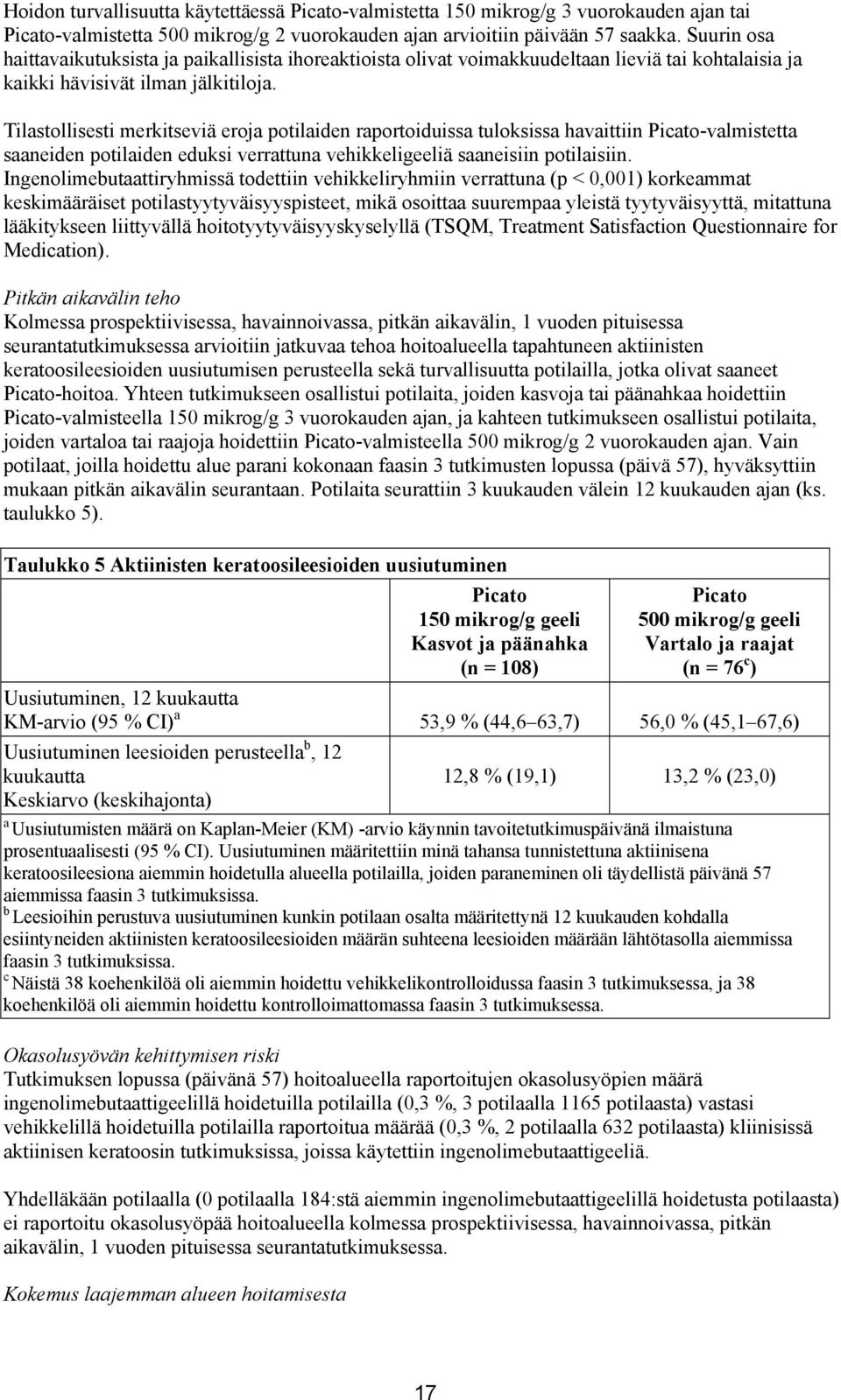 Tilastollisesti merkitseviä eroja potilaiden raportoiduissa tuloksissa havaittiin Picato-valmistetta saaneiden potilaiden eduksi verrattuna vehikkeligeeliä saaneisiin potilaisiin.