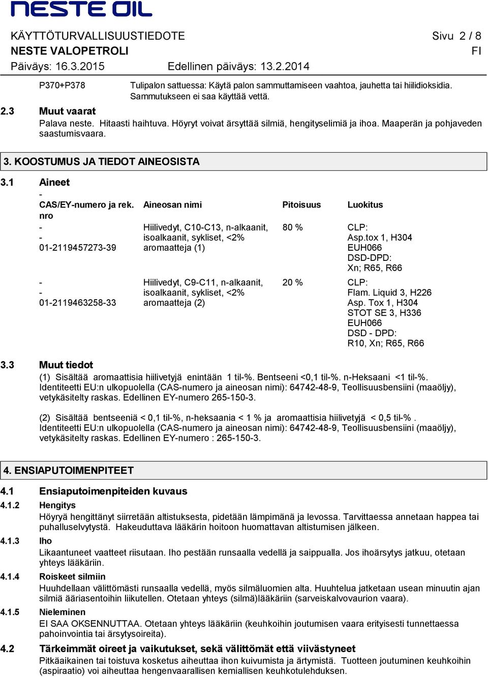 nro 01211945727339 01211946325833 Aineosan nimi Pitoisuus Luokitus Hiilivedyt, C10C13, nalkaanit, isoalkaanit, sykliset, <2% aromaatteja (1) Hiilivedyt, C9C11, nalkaanit, isoalkaanit, sykliset, <2%