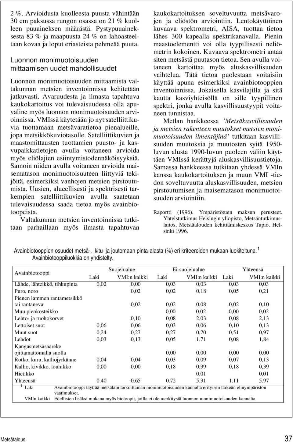 Luonnon monimuotoisuuden mittaamisen uudet mahdollisuudet Luonnon monimuotoisuuden mittaamista valtakunnan metsien inventoinnissa kehitetään jatkuvasti.