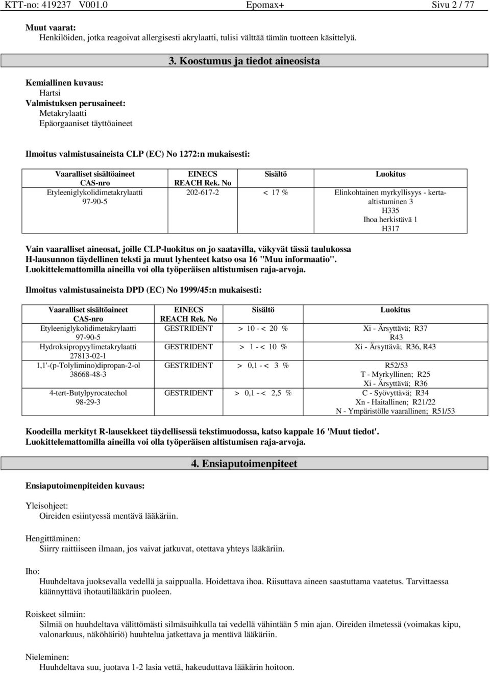 Koostumus ja tiedot aineosista Ilmoitus valmistusaineista CLP (EC) No 1272:n mukaisesti: Etyleeniglykolidimetakrylaatti 97-90-5 EINECS REACH Rek.