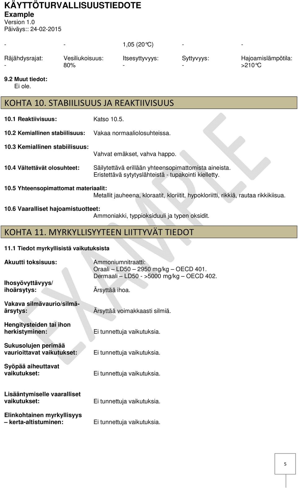 10.6 Vaaralliset hajoamistuotteet: Ammoniakki, typpioksiduuli ja typen oksidit. KOHTA 11. MYRKYLLISYYTEEN LIITTYVÄT TIEDOT 11.