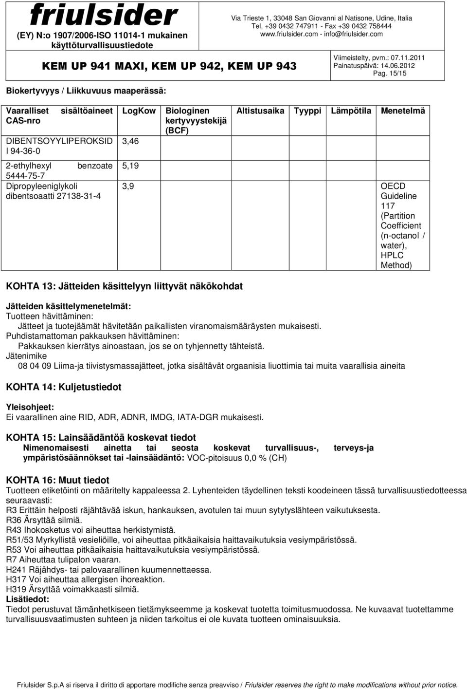 Coefficient (n-octanol / water), HPLC Method) KOHTA 13: Jätteiden käsittelyyn liittyvät näkökohdat Jätteiden käsittelymenetelmät: Tuotteen hävittäminen: Jätteet ja tuotejäämät hävitetään paikallisten