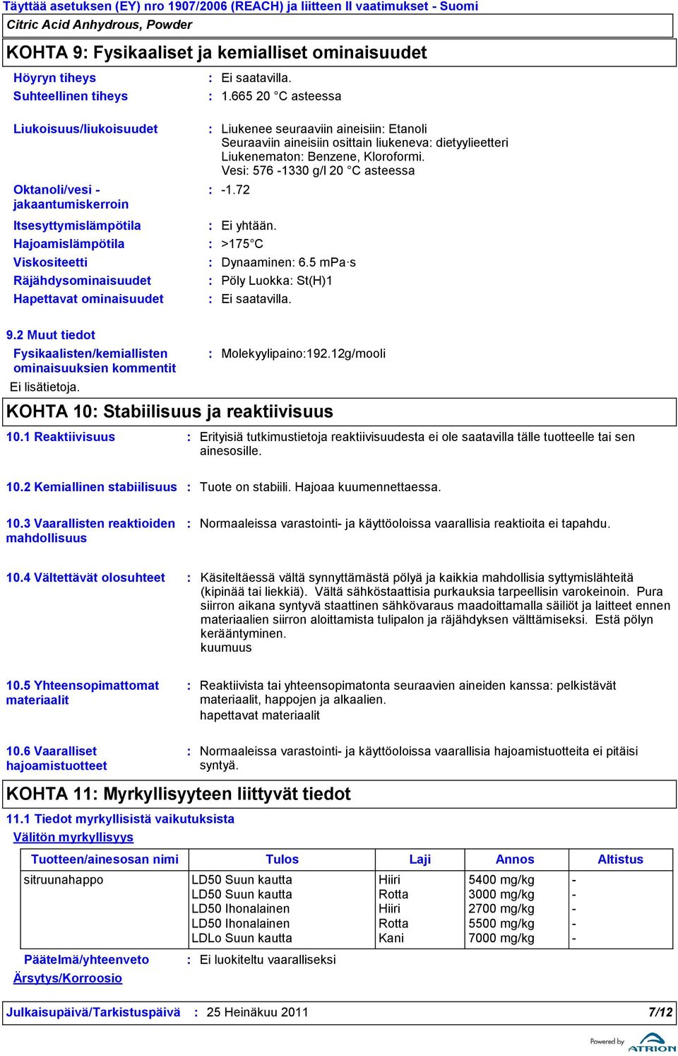 665 20 C asteessa Liukenee seuraaviin aineisiin Etanoli Seuraaviin aineisiin osittain liukeneva dietyylieetteri Liukenematon Benzene, Kloroformi. Vesi 576 1330 g/l 20 C asteessa 1.72 Ei yhtään.