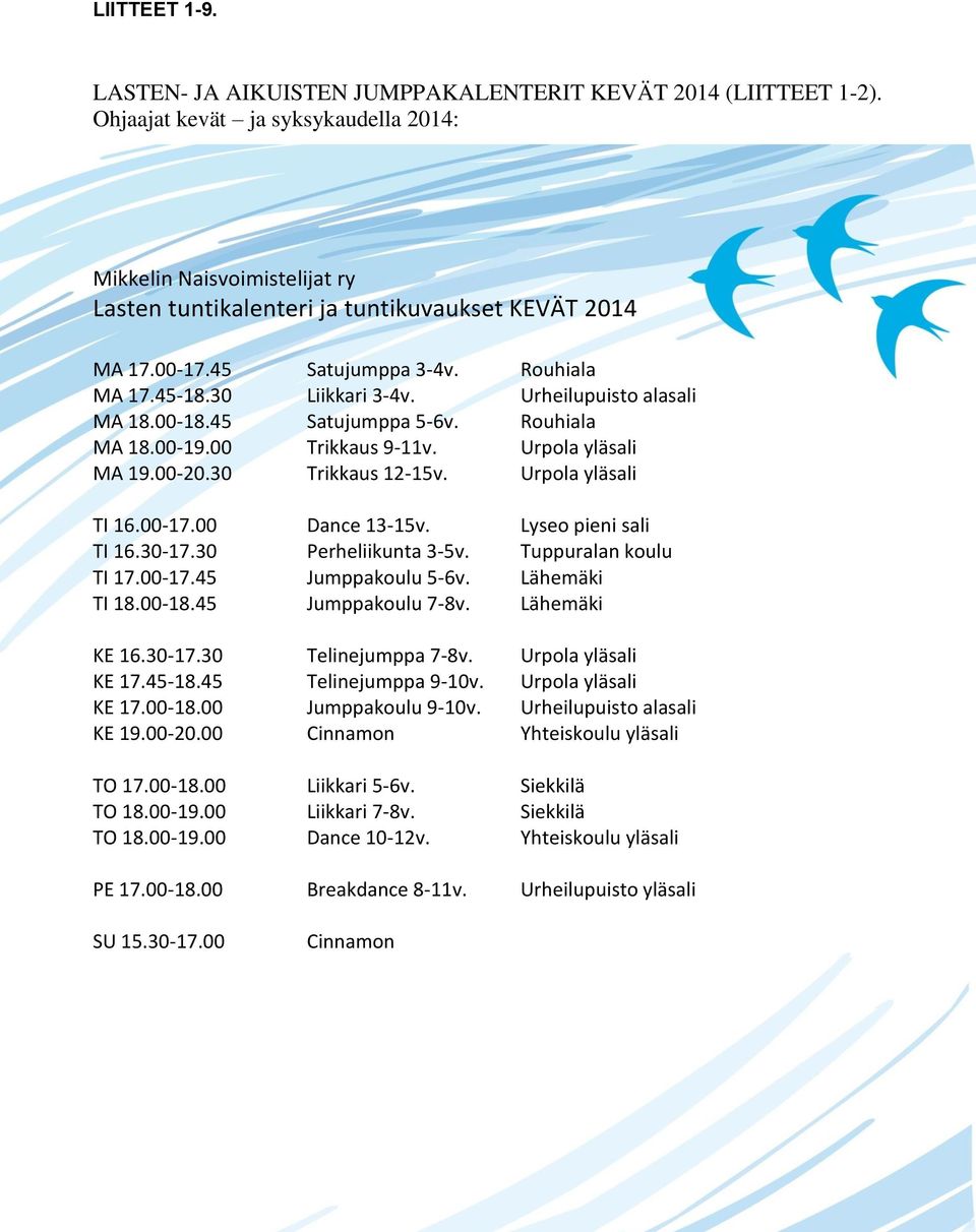 Urheilupuisto alasali MA 18.00-18.45 Satujumppa 5-6v. Rouhiala MA 18.00-19.00 Trikkaus 9-11v. Urpola yläsali MA 19.00-20.30 Trikkaus 12-15v. Urpola yläsali TI 16.00-17.00 Dance 13-15v.