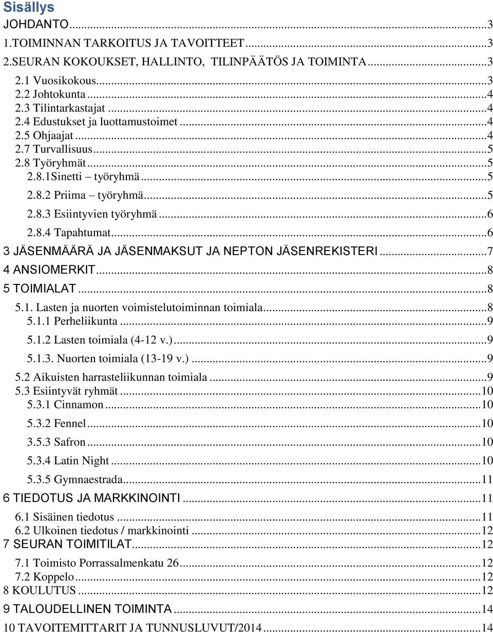 .. 6 3 JÄSENMÄÄRÄ JA JÄSENMAKSUT JA NEPTON JÄSENREKISTERI... 7 4 ANSIOMERKIT... 8 5 TOIMIALAT... 8 5.1. Lasten ja nuorten voimistelutoiminnan toimiala... 8 5.1.1 Perheliikunta... 9 5.1.2 Lasten toimiala (4-12 v.