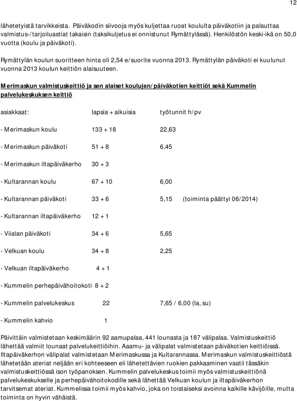 Merimaskun valmistuskeittiö ja sen alaiset koulujen/päiväkotien keittiöt sekä Kummelin palvelukeskuksen keittiö asiakkaat: lapsia + aikuisia työtunnit h/pv - Merimaskun koulu 133 + 18 22,63 -