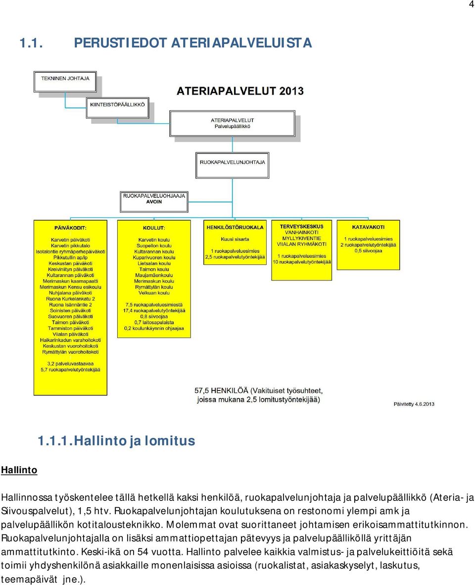 Ruokapalvelunjohtajalla on lisäksi ammattiopettajan pätevyys ja palvelupäälliköllä yrittäjän ammattitutkinto. Keski-ikä on 54 vuotta.