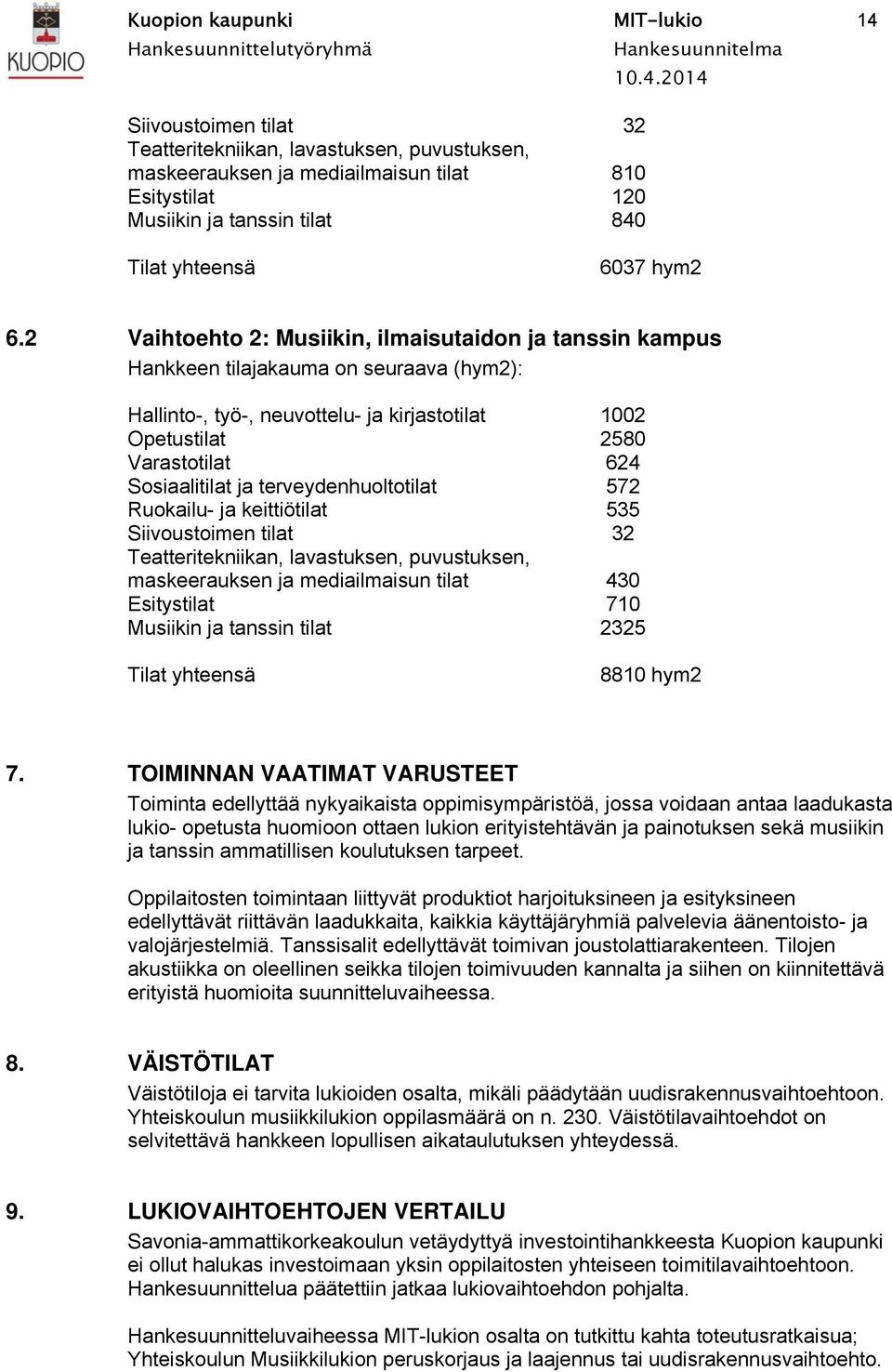 2 Vaihtoehto 2: Musiikin, ilmaisutaidon ja tanssin kampus Hankkeen tilajakauma on seuraava (hym2): Hallinto-, työ-, neuvottelu- ja kirjastotilat 1002 Opetustilat 2580 Varastotilat 624 Sosiaalitilat