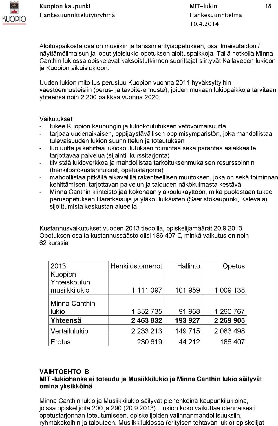 Uuden lukion mitoitus perustuu Kuopion vuonna 2011 hyväksyttyihin väestöennusteisiin (perus- ja tavoite-ennuste), joiden mukaan lukiopaikkoja tarvitaan yhteensä noin 2 200 paikkaa vuonna 2020.