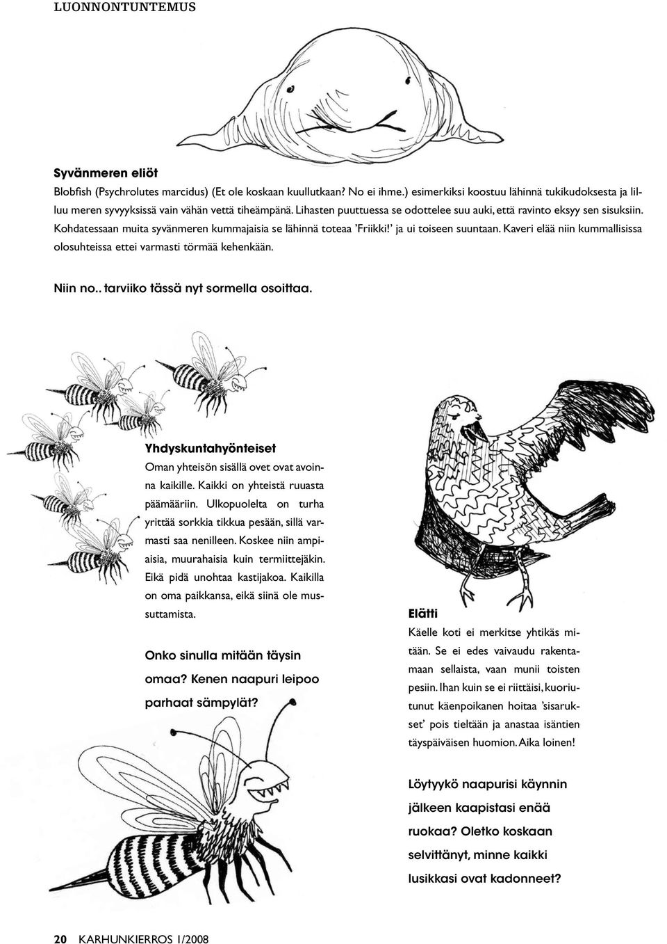 Kohdatessaan muita syvänmeren kummajaisia se lähinnä toteaa Friikki! ja ui toiseen suuntaan. Kaveri elää niin kummallisissa olosuhteissa ettei varmasti törmää kehenkään. Niin no.