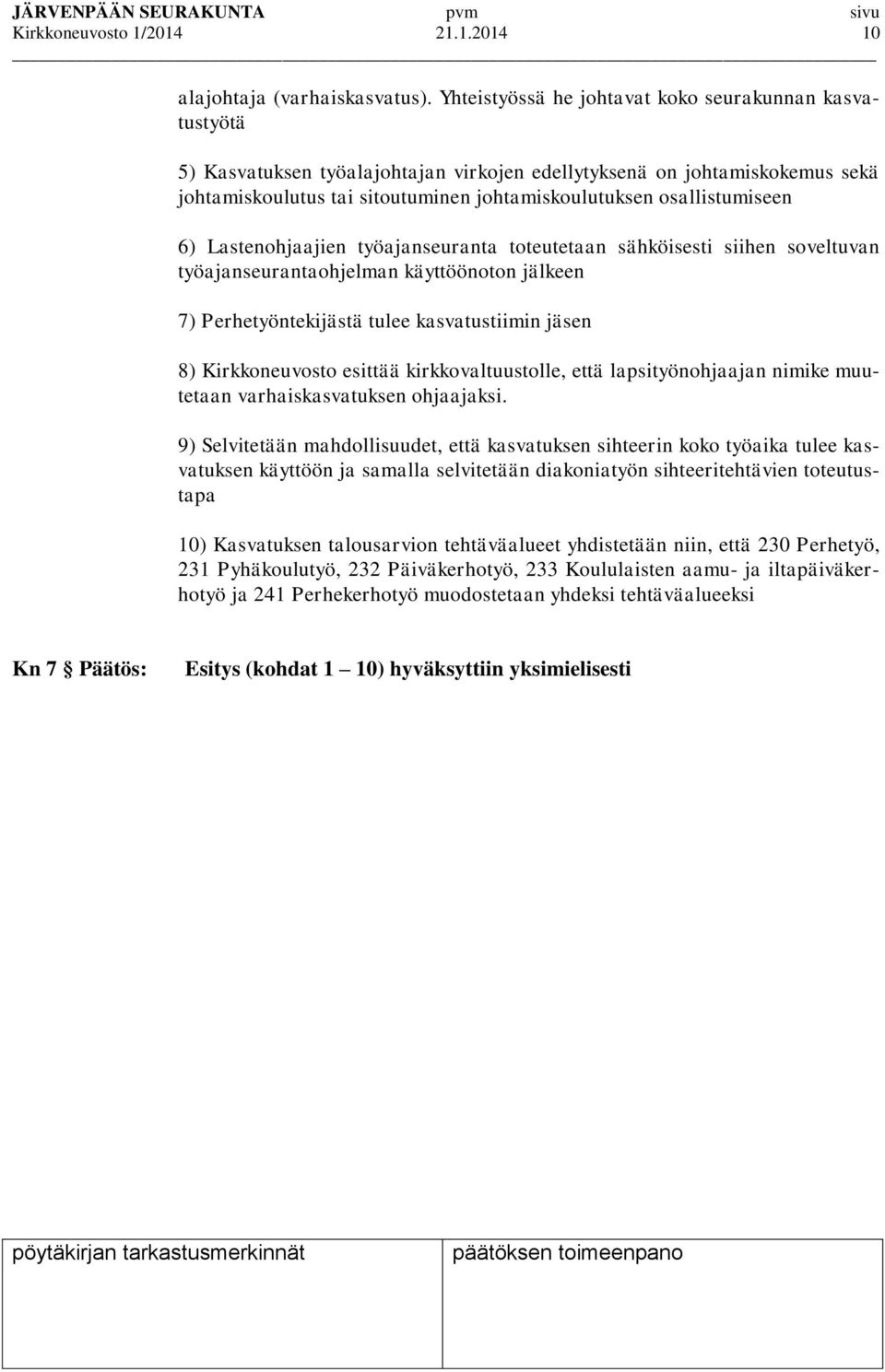 osallistumiseen 6) Lastenohjaajien työajanseuranta toteutetaan sähköisesti siihen soveltuvan työajanseurantaohjelman käyttöönoton jälkeen 7) Perhetyöntekijästä tulee kasvatustiimin jäsen 8)